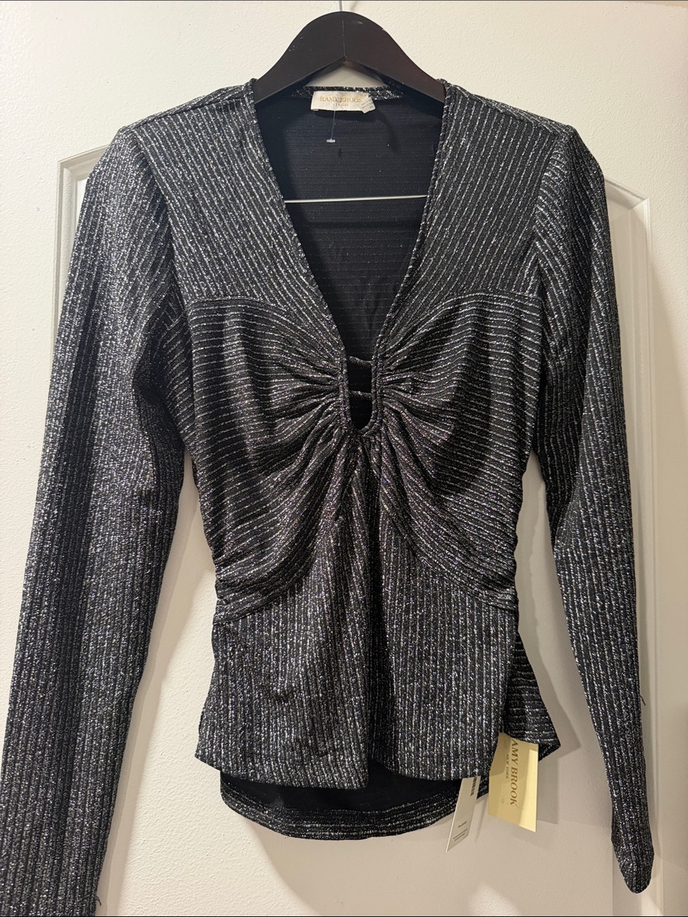 Ramy Brook Black Metallic Twist-Detail Long Sleeve Top